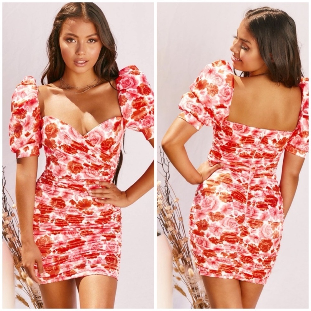 Oh Polly Where Love Grows Satin Floral Puff Sleeve Mini Dress in Red
